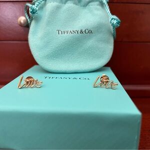 Tiffany and co. Paloma Picasso LOVE script stud earrings 18k rose gold